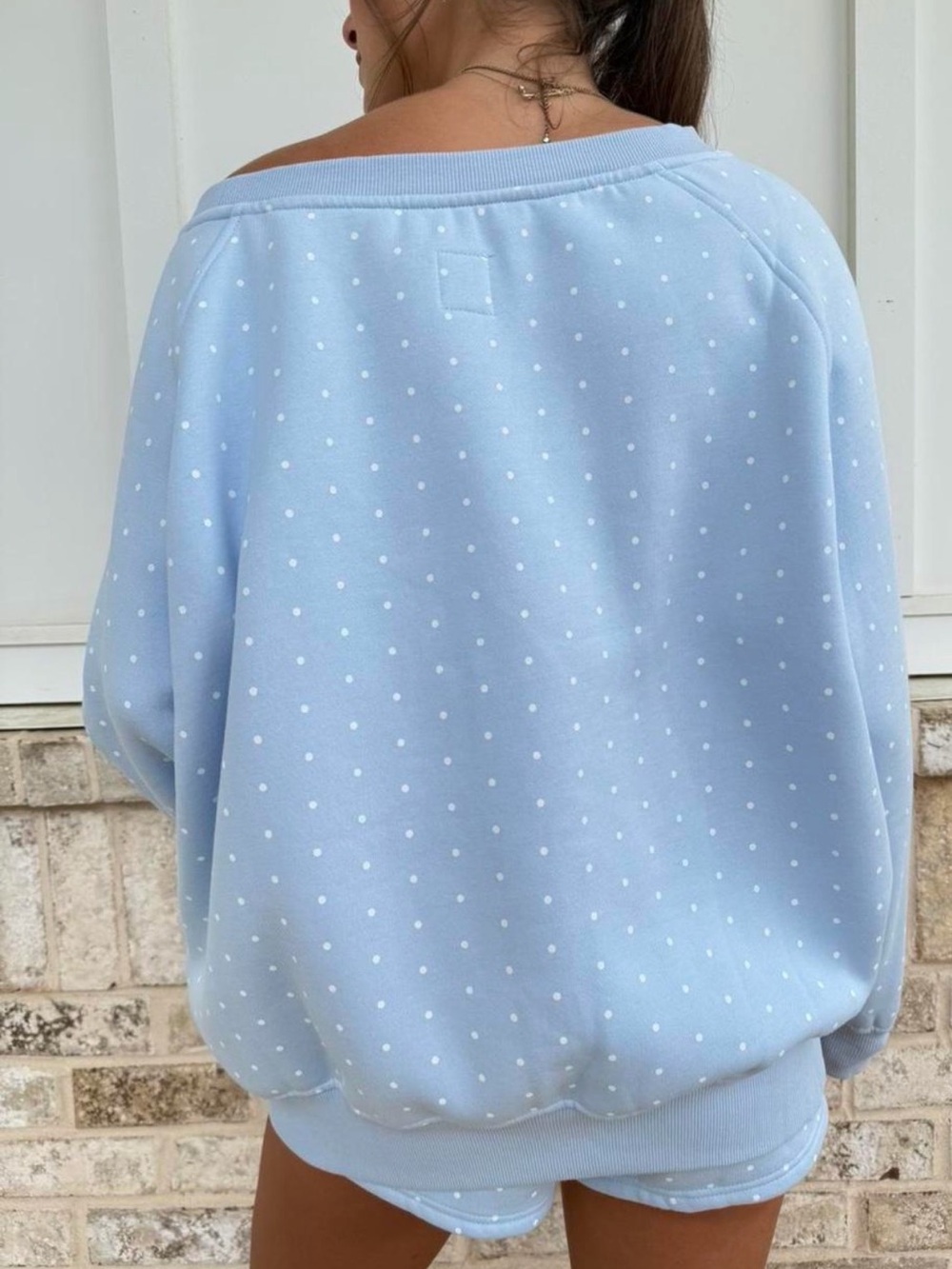 Off-Shoulder Light Blue Polka Dot Women's Sweater - Picture 2 of 2